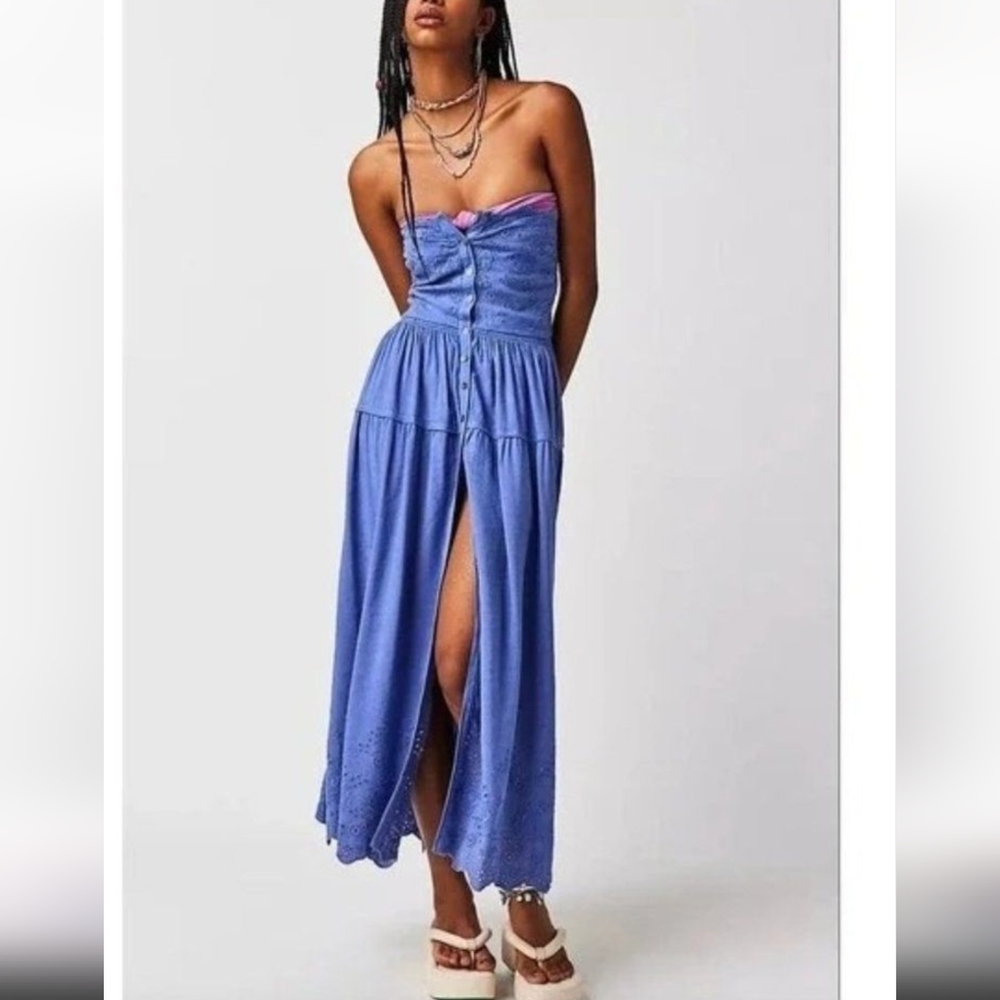 Free People NWOT Eyelet Strapless Blue Midi Sundress